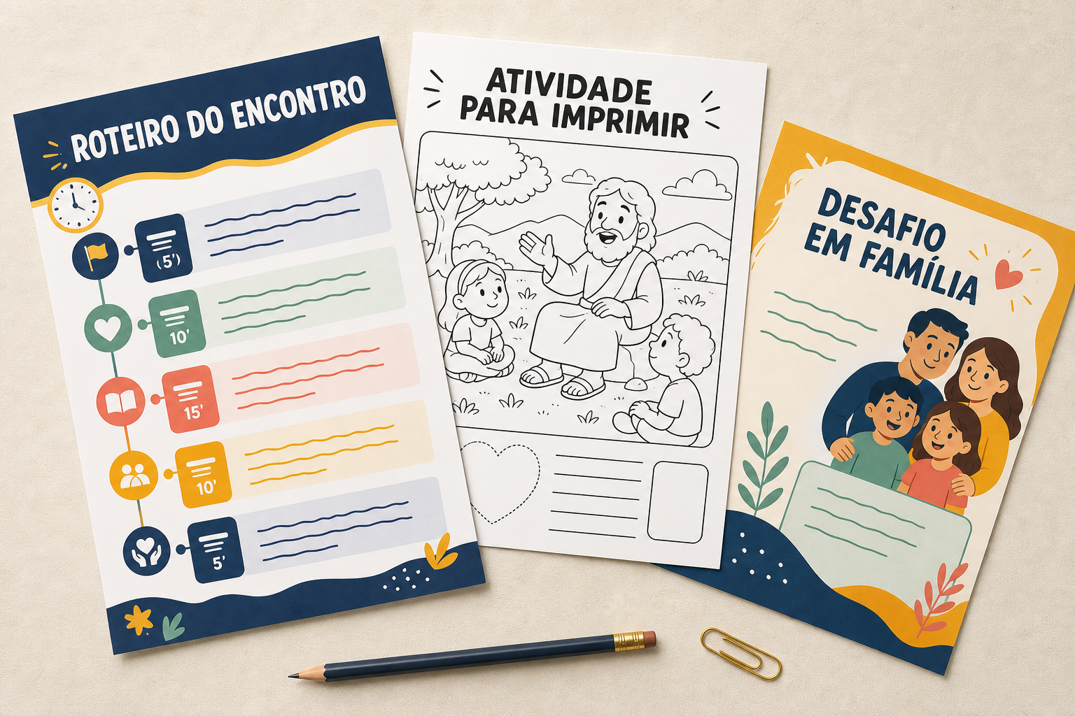 Amostra de três páginas do kit Domingo Pronto